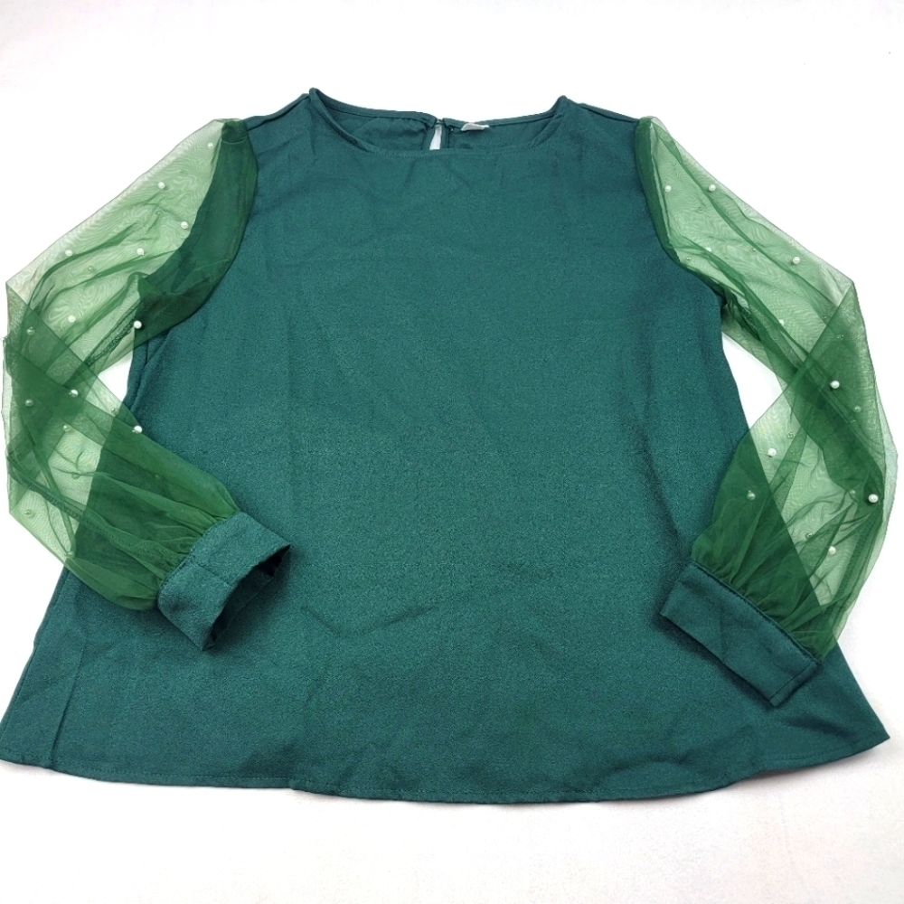 NIB forest green top with sheer sleeves and pearl accents